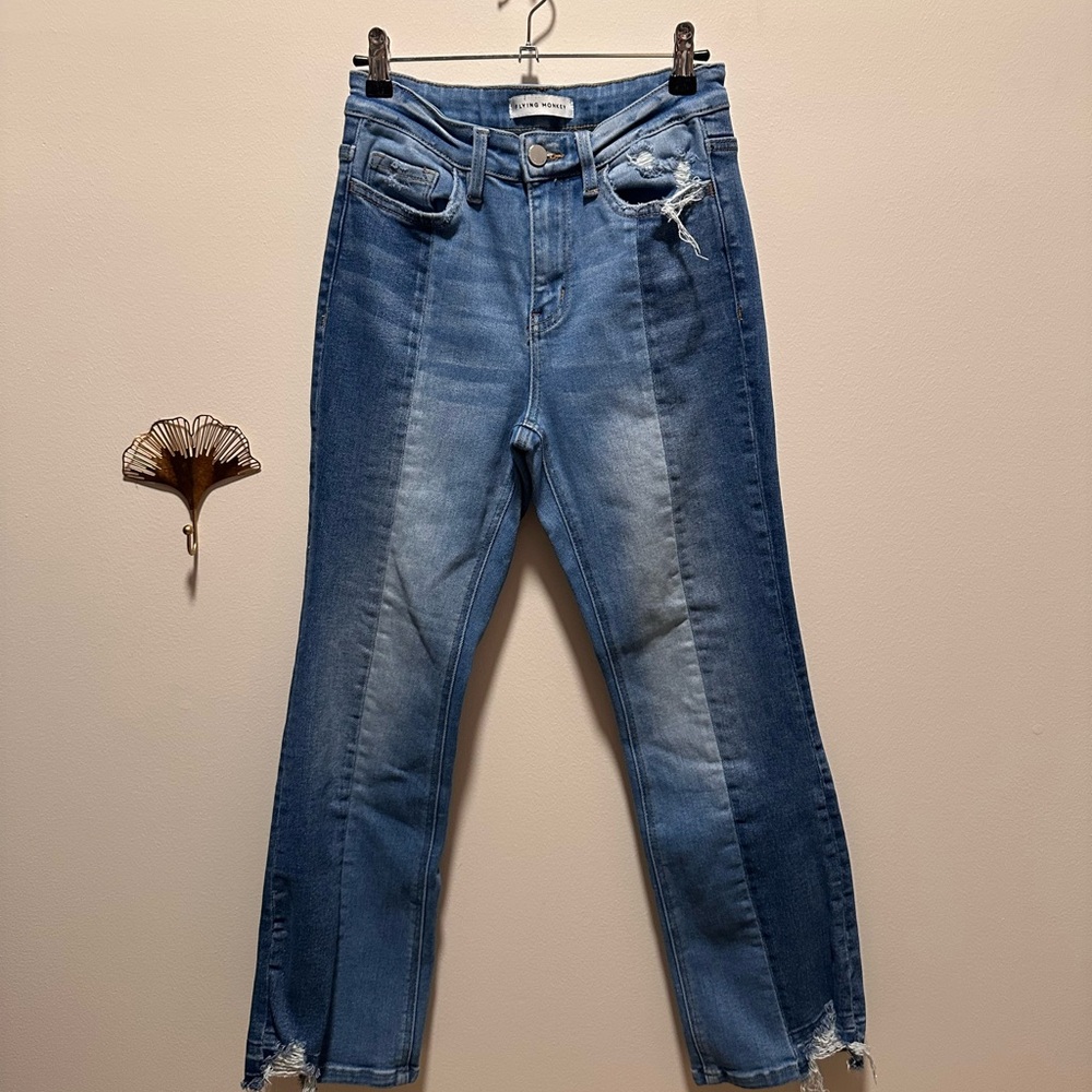 Blue Straight Leg Jeans with Raw Hem
